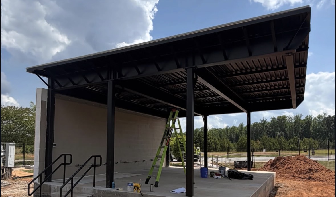 Truss detail of a fabricated black steel canopy